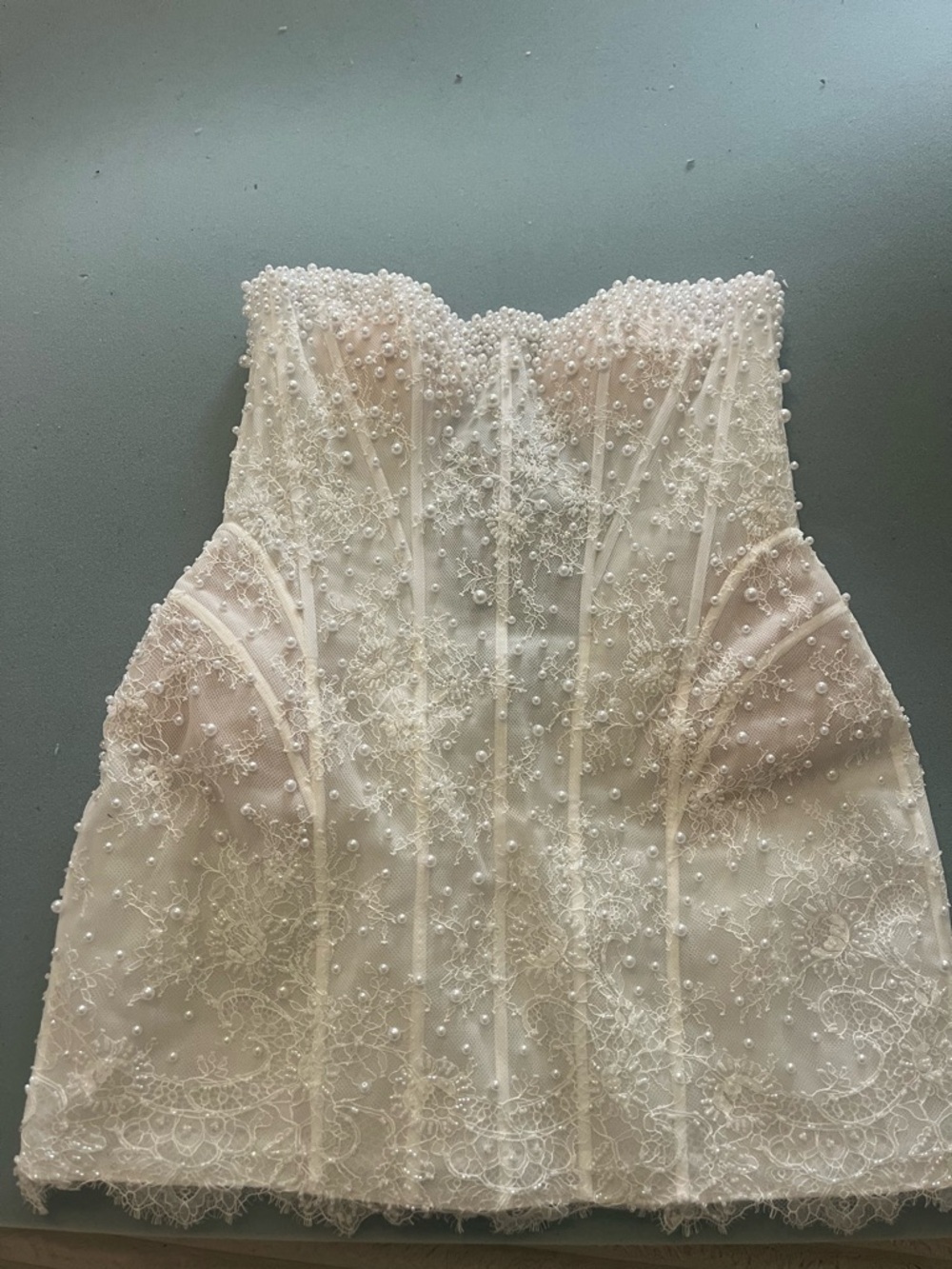Strapless Pearl & Lace Mini Dress - White - Picture 5 of 6